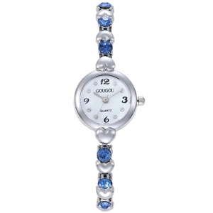 Women's silver quartz watch with heart-shaped links and blue crystal bracelet design
