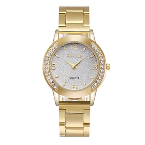 Elegant gold quartz watch for women with rhinestone bezel and numeric dial on white backdrop
