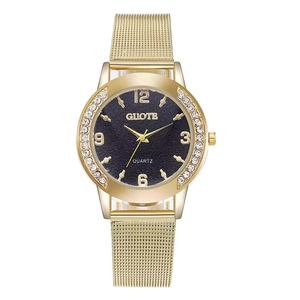 Women's quartz watch with gold alloy mesh band, black dial, and diamond bezel