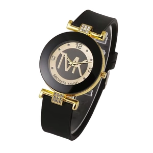 Elegant women's quartz watch with black silicone strap, gold case and crystal accents