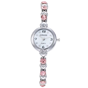 Fashionable silver heart link quartz watch for women with pink crystal accents and rhinestones