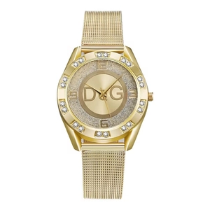 Fashionable gold quartz watch with rhinestone bezel and mesh metal strap for women