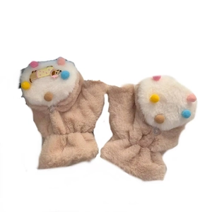 Plush polka dot dachshund dog flip top gloves in beige with colorful pom-poms for winter