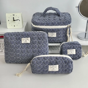 Trousse De Toilette En Coton Matelassé Coeur Motif Damier Grille Grande Capacité Pochette De Rangement Voyage
