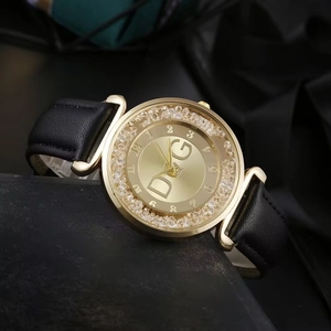 Orologio quarzo donna elegante con strass, cassa dorata e cinturino in pelle nero