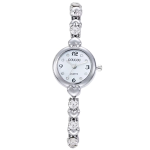 Close-up of heart-shaped links and sparkling rhinestones on the silver watch band
