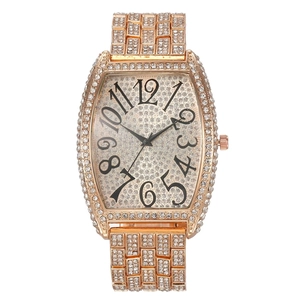 Rose gold tonneau men's watch with full diamonds and large Arabic numeral markers