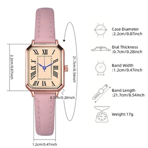 Size chart showing square quartz watch dimensions: 2.2cm case and 21.7cm leather strap