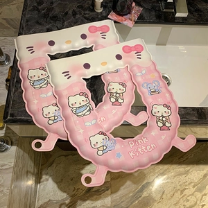 Macro shot of pink and white waterproof EVA toilet seat covers with cute cat character