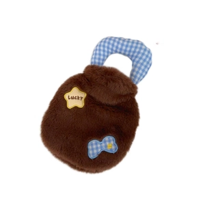 Brown plush hot water bottle bag with Lucky star patch and blue plaid handle