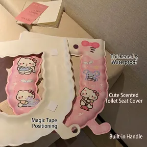Pink cat paw waterproof EVA toilet seat cover with handle and cartoon kitty pattern