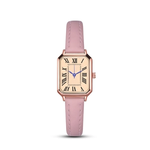 Elegant rose gold square quartz watch with Roman numerals and pink leather strap