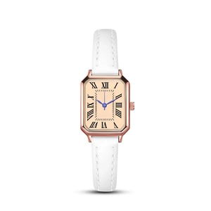 Elegant ladies square quartz watch with Roman numerals and white leather strap