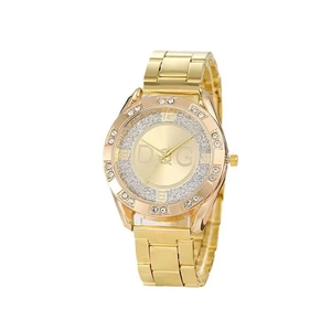 Elegant gold quartz watch with diamond-encrusted dial and stylish metal link bracelet