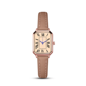 Close-up of square quartz watch with Roman numerals, blue hands and brown leather strap