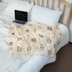 Detail of soft cream coral fleece blanket set featuring cute bear and strawberry patterns