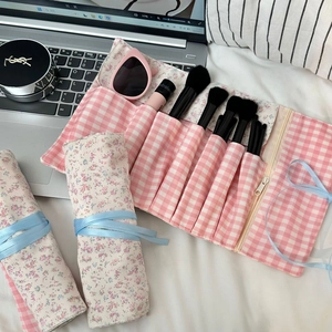 Blumen Canvas Make-up Pinsel Rolltasche Kariert Tragbar Reise Kosmetik Organizer Mit Schleife Reißverschlusstasche Süßer Stil