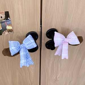 Door Handle Cover Cute Bowknot Plaid Fabric Knitted Anti-Collision Protector For Kids Room Bedroom Home Decor
