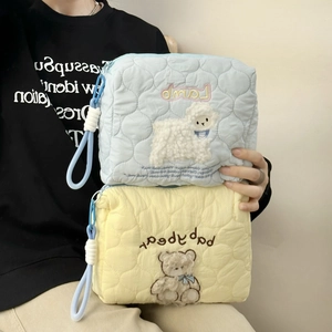 Quilted cotton travel makeup bags with cute lamb and bear embroidery in blue and yellow