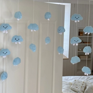 Cute blue plush cloud door curtain with smiling faces for kids' room wall decoration