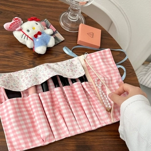 Rosa karierte Roll-Make-up-Pinsel-Tasche mit mehreren Fächern und Reißverschluss