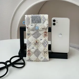 Quilted cotton cartoon bear sunglasses pouch with blue button and plaid pattern
