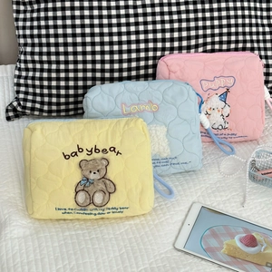 Quilted fabric cosmetic bags with cute animal embroidery and carrying handles