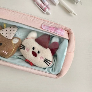Rosa Etui mit Sichtfenster und süßen Plüschfiguren für Schüler und Schreibwarenzubehör