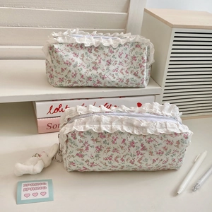 Trousse À Crayons En Tissu Floral Doux Avec Bordure En Dentelle Sac De Rangement De Papeterie Grande Capacité Pour Écolières Style Coréen