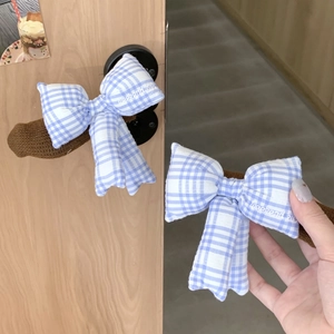 Blue plaid bowknot door handle cover with knitted base for child safety protection