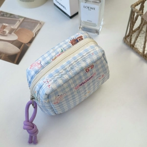 Blue and white checkered cosmetic bag with cute bear print and purple braided knot