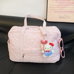 Sac De Voyage Matelassé Cœur Rose Grande Capacité Sac À Épaule Léger Avec Manchon De Chariot Pour Femmes