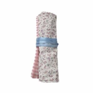 Florale Kosmetikpinseltasche mit rosa Blumenmuster und kariertem Schleifenband