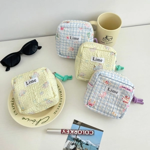 Cute Quilted Cotton Makeup Pouch Portable Travel Cosmetic Bag Zipper Coin Purse Floral Gingham Pattern For Women Girls