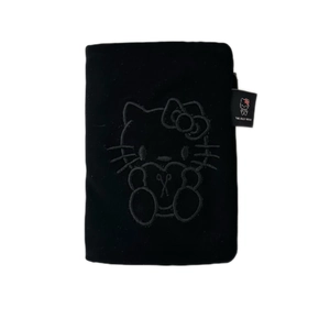 Premium black velvet Hello Kitty passport holder with embroidered cartoon character design