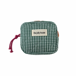 Quilted green gingham cosmetic bag with compartment and the jolly house label