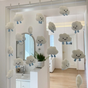 Cute plush white cloud door curtain with smiley faces for children room wall decoration