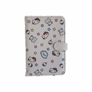 Cartoon Hello Kitty passport holder wallet made of white textured leather with magnetic strap