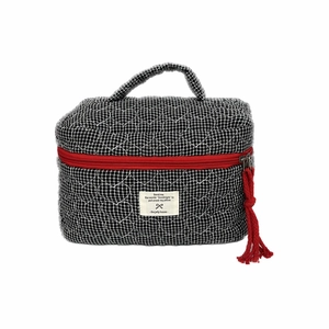 Trousse de maquillage matelassée avec gland rouge et motif à carreaux noir et blanc