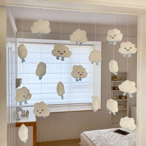 Cute white plush cloud door curtain with blue droplets for nursery wall decoration