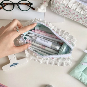Trousse à crayons florale rose avec dentelle et grande capacité pour fournitures scolaires