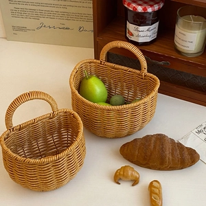 Vintage style woven rattan baskets set with handles for home fruit and vegetable storage