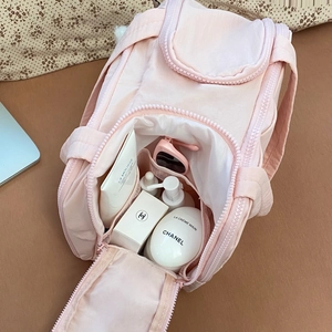 Pink waterproof nylon travel cosmetic bag with large capacity and multi compartments
