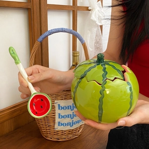 Handmade watermelon shaped ceramic bowl with lid and spoon for summer tableware decor