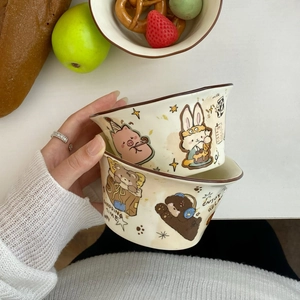 Cute cartoon ceramic cereal bowls with hand-painted animal illustrations and cream finish