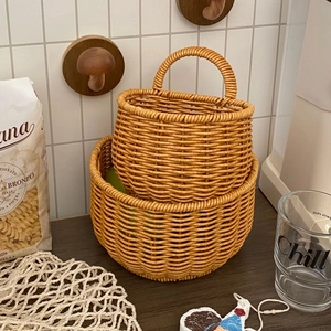 Vintage style hand-woven rattan storage basket set with handles for home kitchen decor