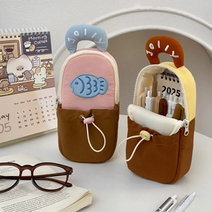 Vertical canvas pencil case with large capacity, drawstring pockets and top handle design