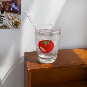 Minimalist tomato print glass cup with straw and ice, thick base for home use