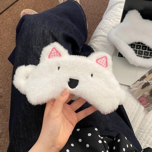 Cute white plush Westie sleep mask with pink plaid ears for travel and nap time
