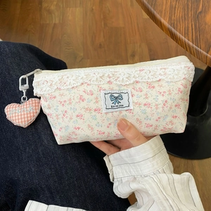 Floral Canvas Pencil Case With Lace Trim Bow Patch Heart Charm Aesthetic Korean Style Large Capacity Stationery Pouch For Girls